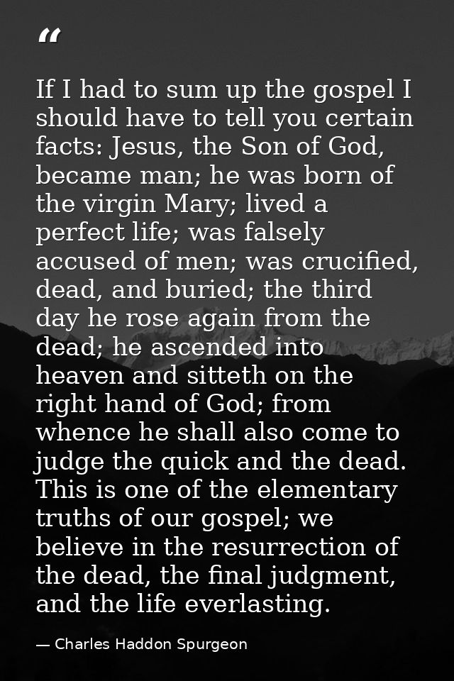 If I had to sum up the gospel I should have to tell you certain facts: Jesus, the Son of God, became man; he was born of — Charles Haddon Spurgeon