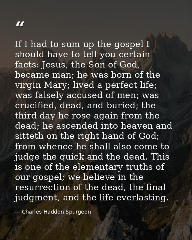 If I had to sum up the gospel I should have to tell you certain facts: Jesus, the Son of God, became man; he was born of — Charles Haddon Spurgeon
