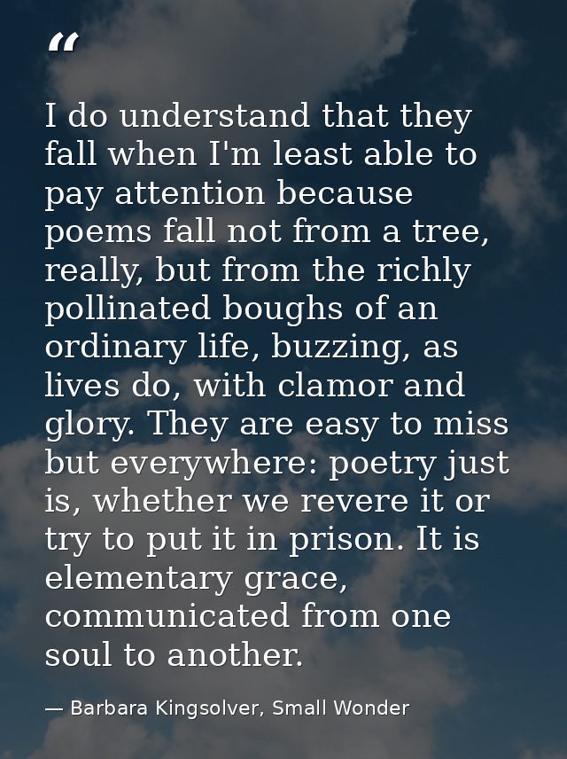 I do understand that they fall when I'm least able to pay attention because poems fall not from a tree, really, but from — Barbara Kingsolver, Small Wonder