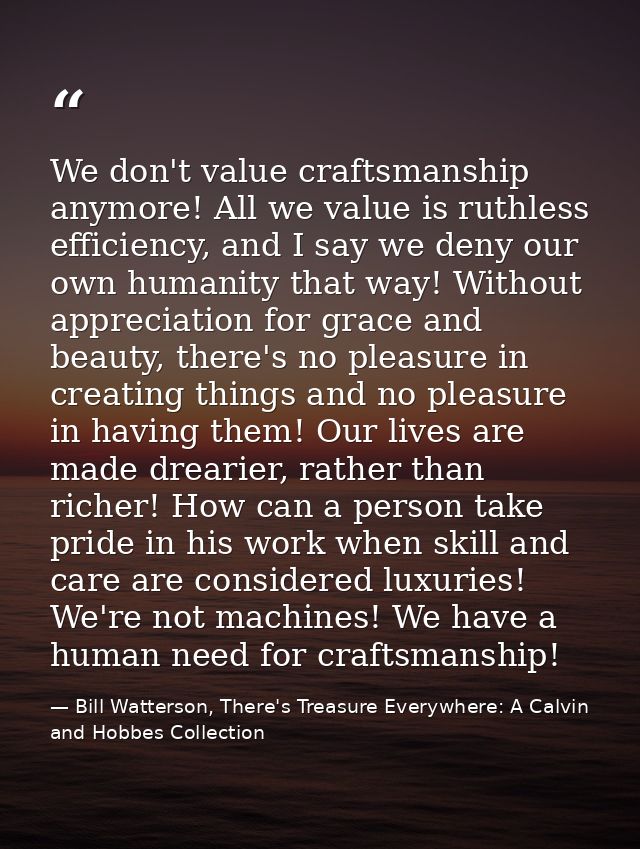 We don't value craftsmanship anymore! All we value is ruthless efficiency, and I say we deny our own humanity that way!  — Bill Watterson, There's Treasure Everywhere: A Calvin and Hobbes Collection