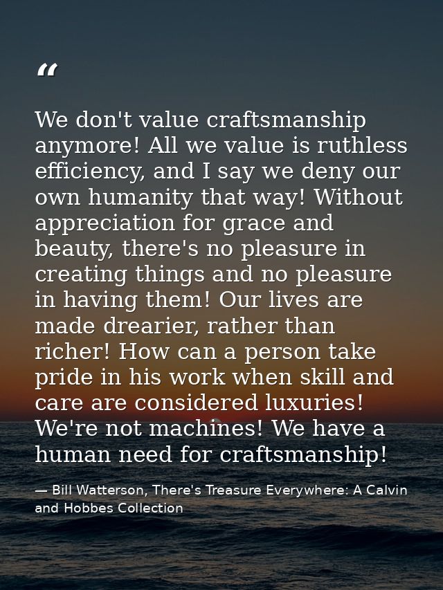 We don't value craftsmanship anymore! All we value is ruthless efficiency, and I say we deny our own humanity that way!  — Bill Watterson, There's Treasure Everywhere: A Calvin and Hobbes Collection