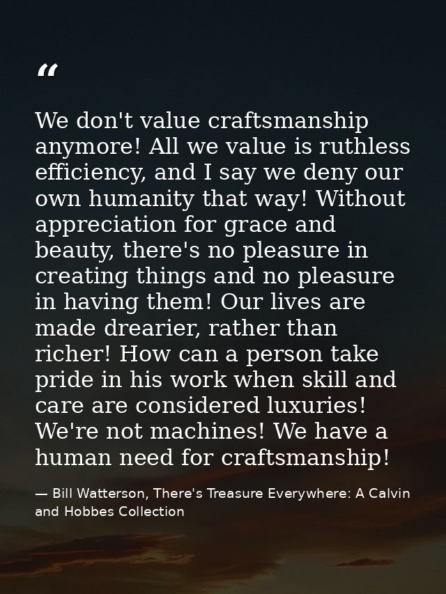 We don't value craftsmanship anymore! All we value is ruthless efficiency, and I say we deny our own humanity that way!  — Bill Watterson, There's Treasure Everywhere: A Calvin and Hobbes Collection