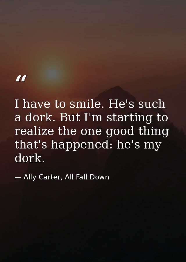 I have to smile. He's such a dork. But I'm starting to realize the one good thing that's happened: he's my dork. — Ally Carter, All Fall Down