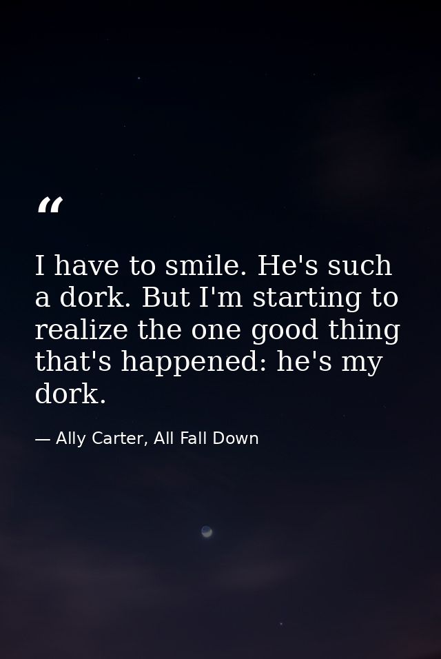 I have to smile. He's such a dork. But I'm starting to realize the one good thing that's happened: he's my dork. — Ally Carter, All Fall Down