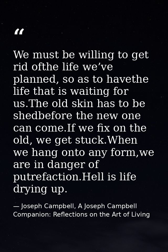 We must be willing to get rid ofthe life we’ve planned, so as to havethe life that is waiting for us.The old skin has to — Joseph Campbell, A Joseph Campbell Companion: Reflections on the Art of Living