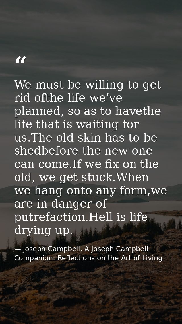 We must be willing to get rid ofthe life we’ve planned, so as to havethe life that is waiting for us.The old skin has to — Joseph Campbell, A Joseph Campbell Companion: Reflections on the Art of Living