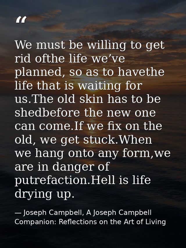 We must be willing to get rid ofthe life we’ve planned, so as to havethe life that is waiting for us.The old skin has to — Joseph Campbell, A Joseph Campbell Companion: Reflections on the Art of Living