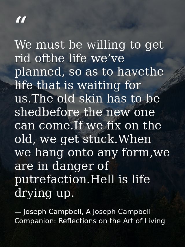 We must be willing to get rid ofthe life we’ve planned, so as to havethe life that is waiting for us.The old skin has to — Joseph Campbell, A Joseph Campbell Companion: Reflections on the Art of Living
