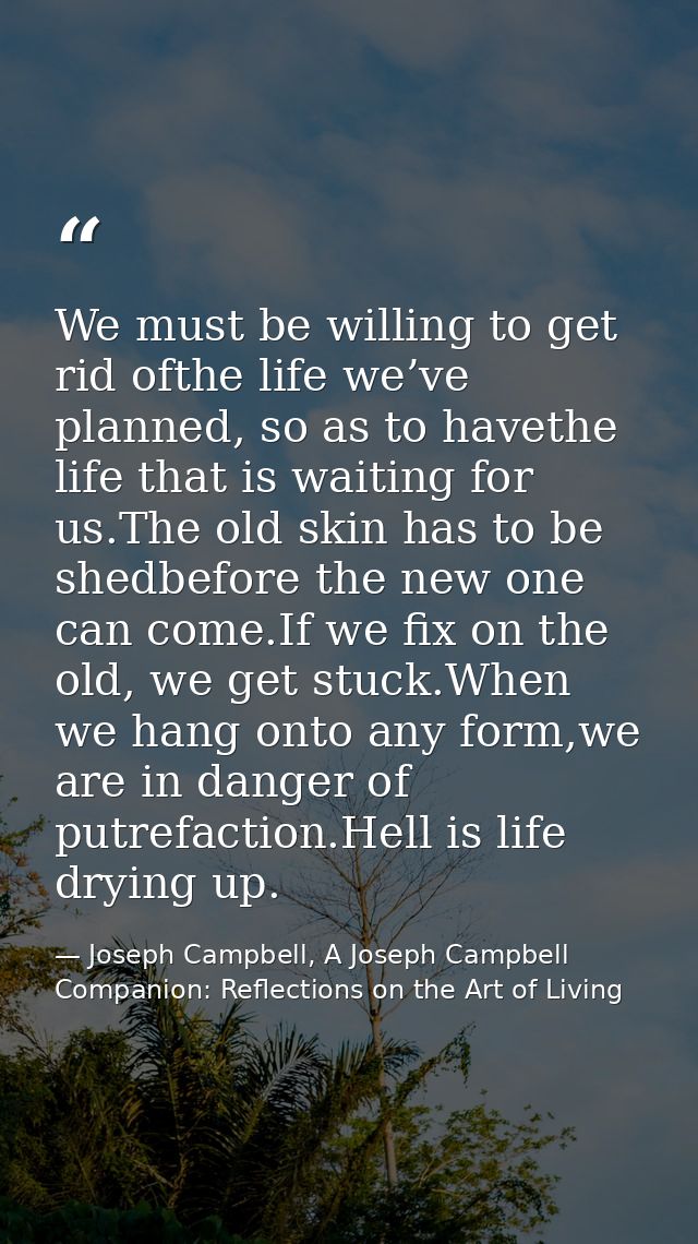 We must be willing to get rid ofthe life we’ve planned, so as to havethe life that is waiting for us.The old skin has to — Joseph Campbell, A Joseph Campbell Companion: Reflections on the Art of Living