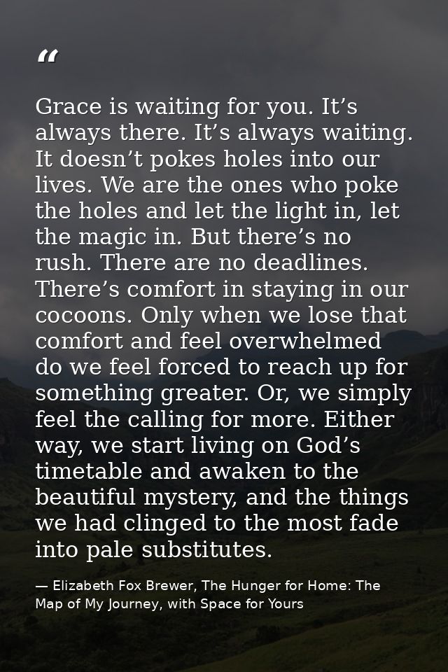 Grace is waiting for you. It’s always there. It’s always waiting. It doesn’t pokes holes into our lives. We are the ones — Elizabeth Fox Brewer, The Hunger for Home: The Map of My Journey, with Space for Yours