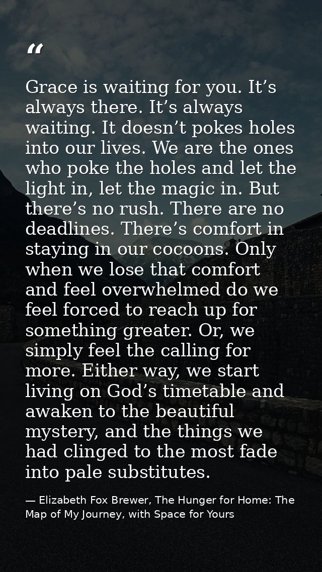 Grace is waiting for you. It’s always there. It’s always waiting. It doesn’t pokes holes into our lives. We are the ones — Elizabeth Fox Brewer, The Hunger for Home: The Map of My Journey, with Space for Yours