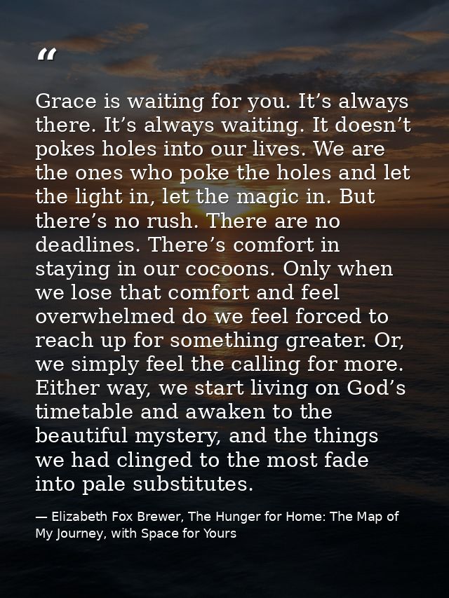 Grace is waiting for you. It’s always there. It’s always waiting. It doesn’t pokes holes into our lives. We are the ones — Elizabeth Fox Brewer, The Hunger for Home: The Map of My Journey, with Space for Yours