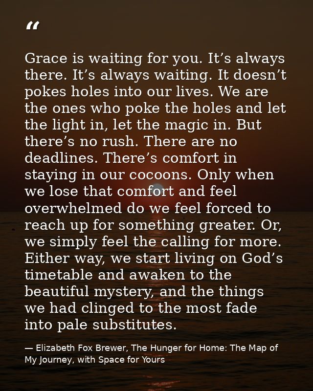 Grace is waiting for you. It’s always there. It’s always waiting. It doesn’t pokes holes into our lives. We are the ones — Elizabeth Fox Brewer, The Hunger for Home: The Map of My Journey, with Space for Yours