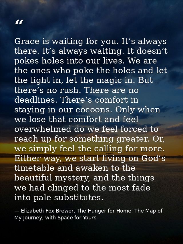 Grace is waiting for you. It’s always there. It’s always waiting. It doesn’t pokes holes into our lives. We are the ones — Elizabeth Fox Brewer, The Hunger for Home: The Map of My Journey, with Space for Yours