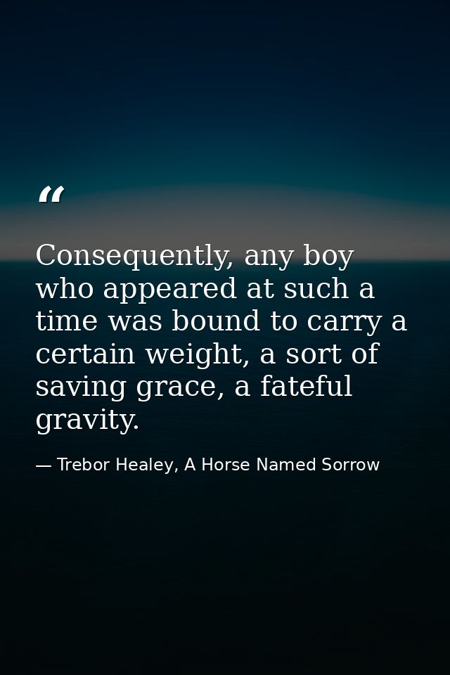 Consequently, any boy who appeared at such a time was bound to carry a certain weight, a sort of saving grace, a fateful — Trebor Healey, A Horse Named Sorrow