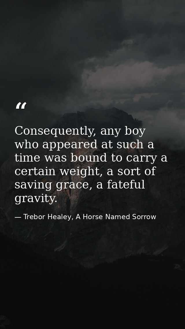 Consequently, any boy who appeared at such a time was bound to carry a certain weight, a sort of saving grace, a fateful — Trebor Healey, A Horse Named Sorrow