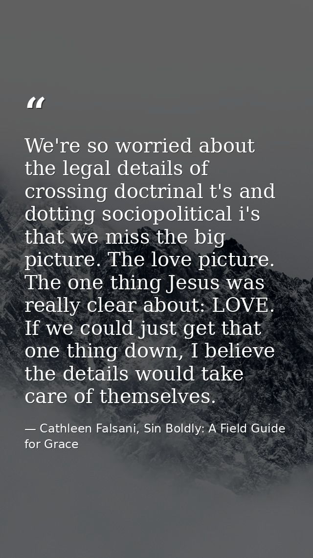 We're so worried about the legal details of crossing doctrinal t's and dotting sociopolitical i's that we miss the big p — Cathleen Falsani, Sin Boldly: A Field Guide for Grace