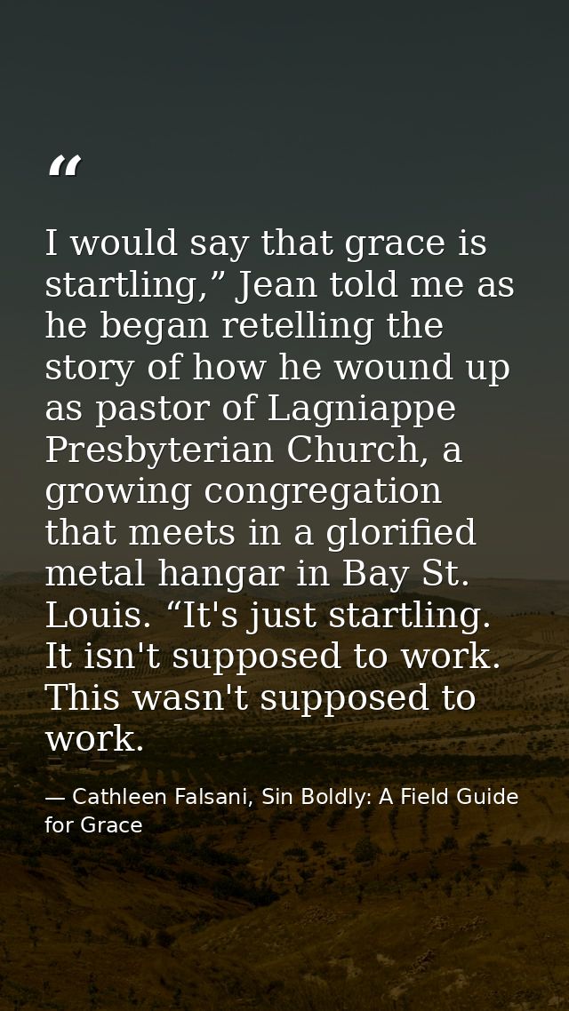 I would say that grace is startling,” Jean told me as he began retelling the story of how he wound up as pastor of Lagni — Cathleen Falsani, Sin Boldly: A Field Guide for Grace