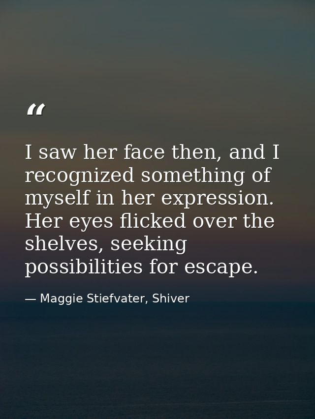 I saw her face then, and I recognized something of myself in her expression. Her eyes flicked over the shelves, seeking  — Maggie Stiefvater, Shiver