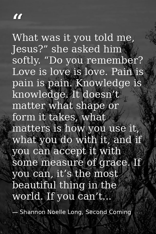 What was it you told me, Jesus?” she asked him softly. “Do you remember? Love is love is love. Pain is pain is pain. Kno — Shannon Noelle Long, Second Coming