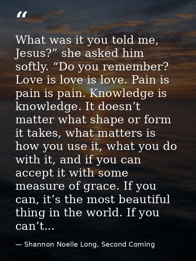 What was it you told me, Jesus?” she asked him softly. “Do you remember? Love is love is love. Pain is pain is pain. Kno — Shannon Noelle Long, Second Coming