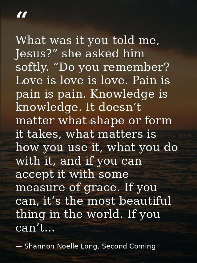 What was it you told me, Jesus?” she asked him softly. “Do you remember? Love is love is love. Pain is pain is pain. Kno — Shannon Noelle Long, Second Coming