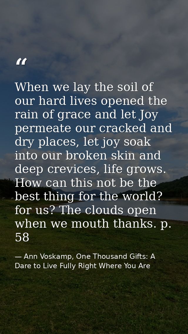 When we lay the soil of our hard lives opened the rain of grace and let Joy permeate our cracked and dry places, let joy — Ann Voskamp, One Thousand Gifts: A Dare to Live Fully Right Where You Are