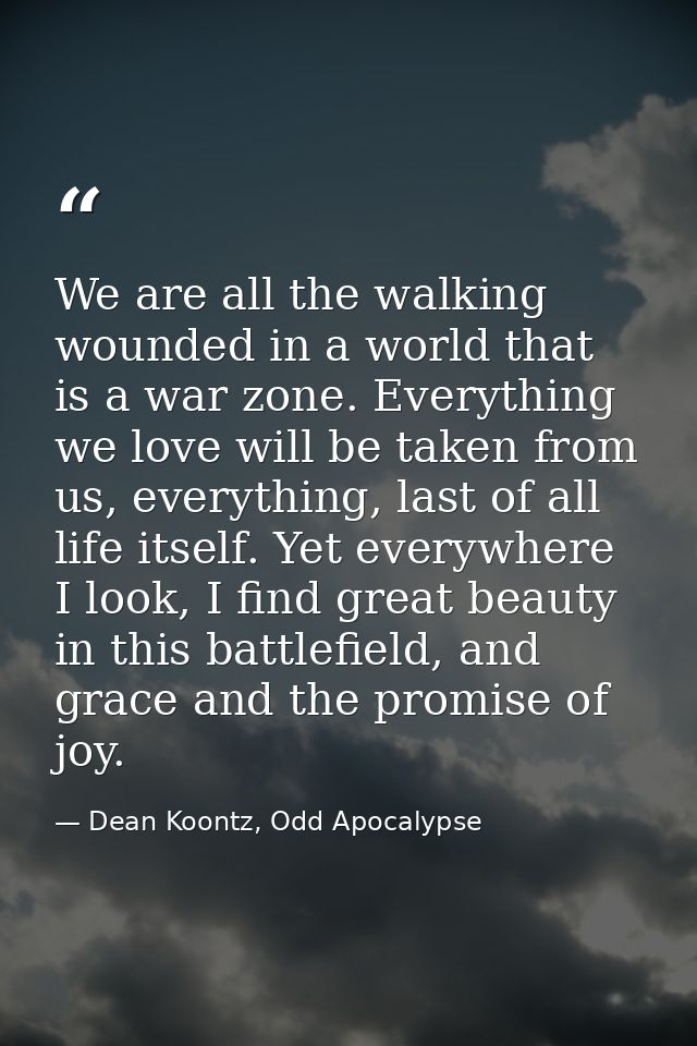 We are all the walking wounded in a world that is a war zone. Everything we love will be taken from us, everything, last — Dean Koontz, Odd Apocalypse