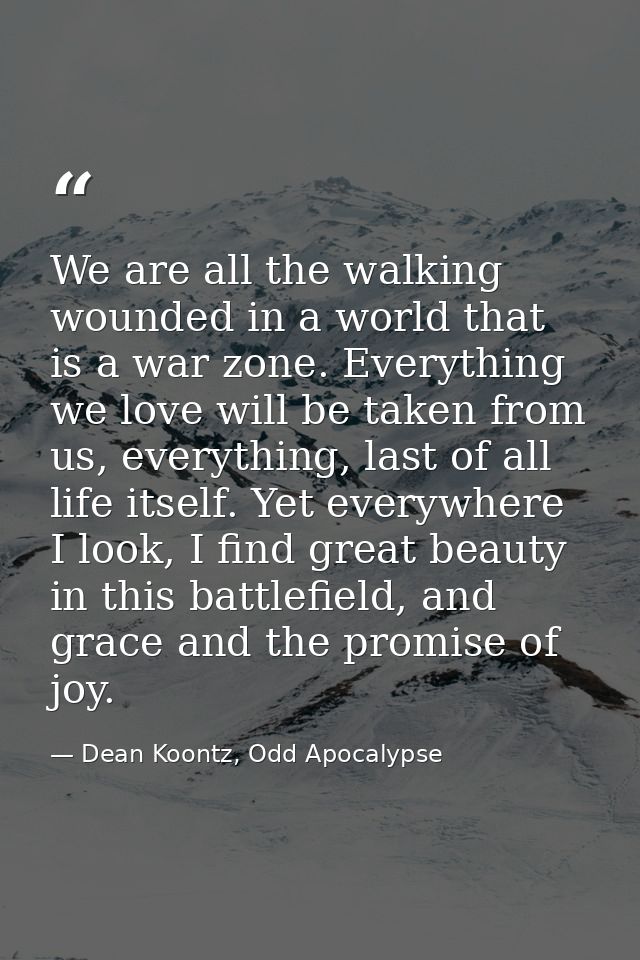 We are all the walking wounded in a world that is a war zone. Everything we love will be taken from us, everything, last — Dean Koontz, Odd Apocalypse