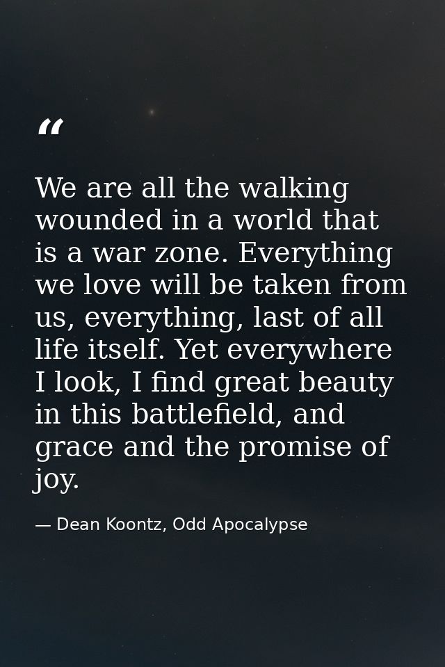We are all the walking wounded in a world that is a war zone. Everything we love will be taken from us, everything, last — Dean Koontz, Odd Apocalypse