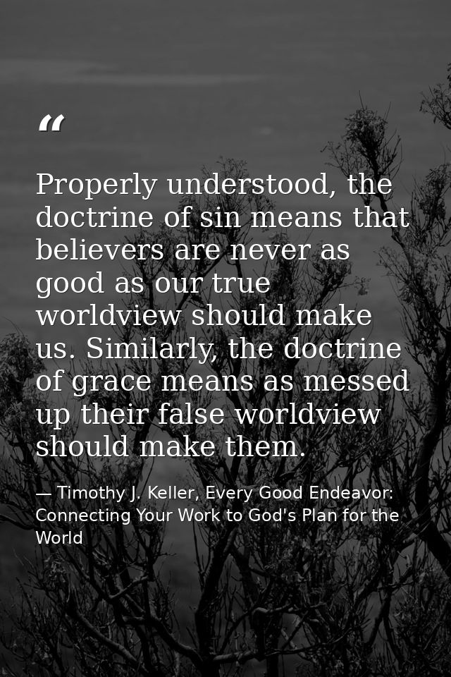 Properly understood, the doctrine of sin means that believers are never as good as our true worldview should make us. Si — Timothy J. Keller, Every Good Endeavor: Connecting Your Work to God's Plan for the World
