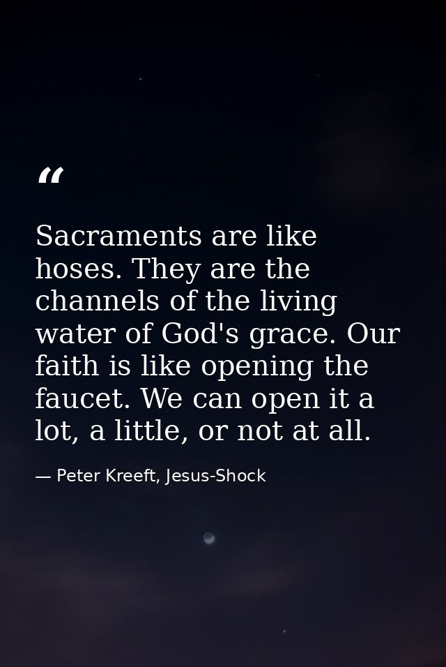 Sacraments are like hoses. They are the channels of the living water of God's grace. Our faith is like opening the fauce — Peter Kreeft, Jesus-Shock