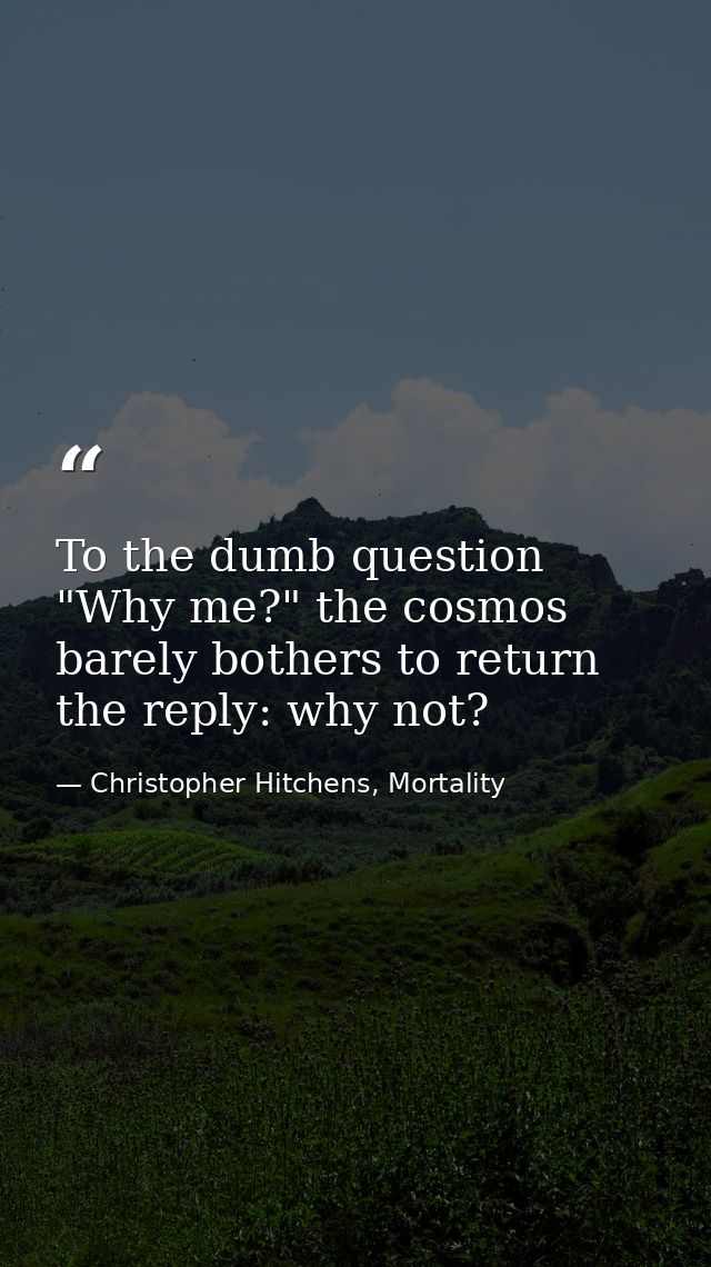 To the dumb question "Why me?" the cosmos barely bothers to return the reply: why not? — Christopher Hitchens, Mortality