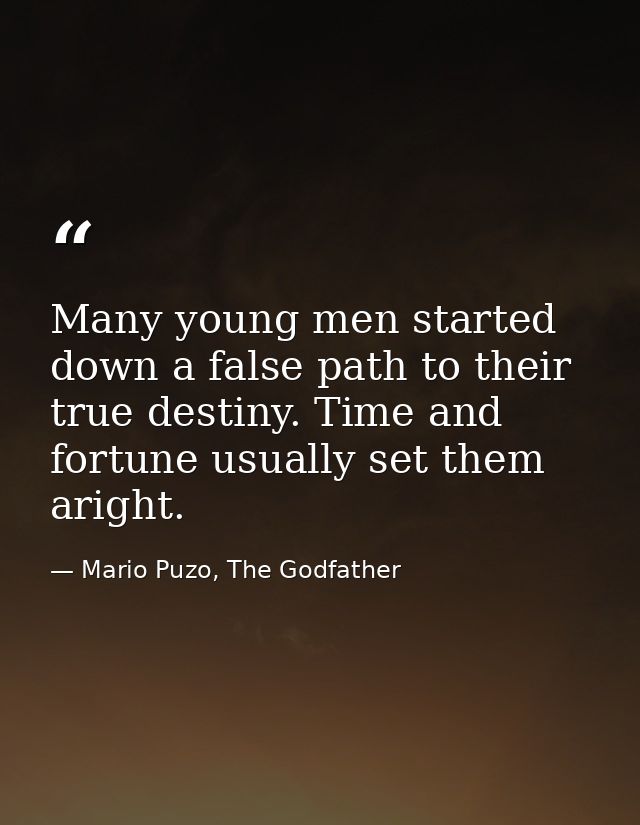 Many young men started down a false path to their true destiny. Time and fortune usually set them aright. — Mario Puzo, The Godfather