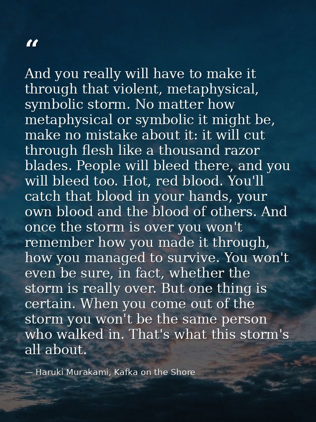 And you really will have to make it through that violent, metaphysical, symbolic storm. No matter how metaphysical or sy — Haruki Murakami, Kafka on the Shore
