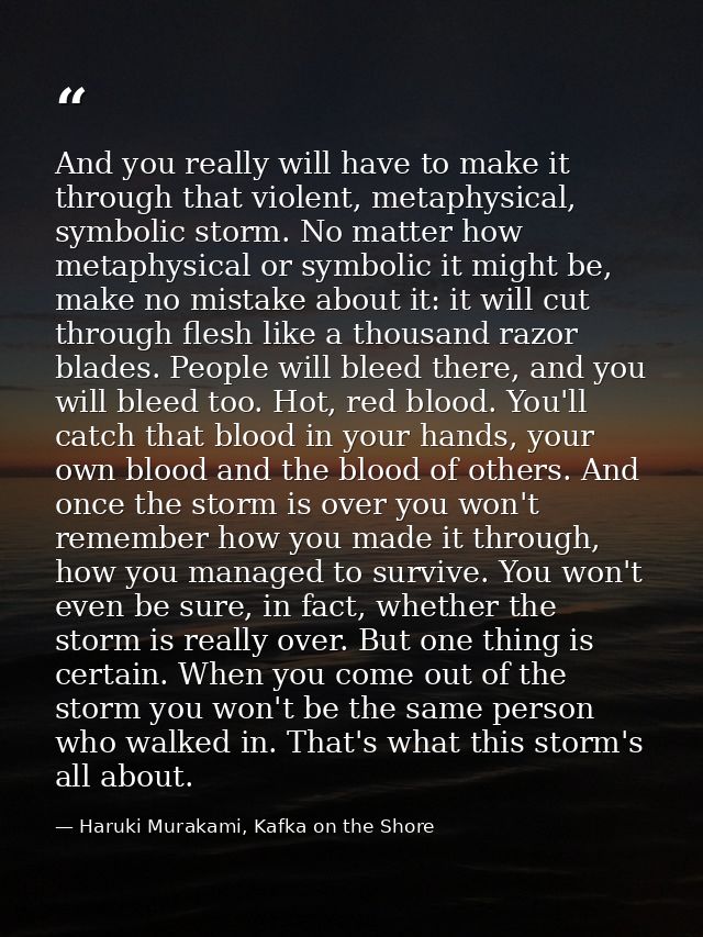 And you really will have to make it through that violent, metaphysical, symbolic storm. No matter how metaphysical or sy — Haruki Murakami, Kafka on the Shore