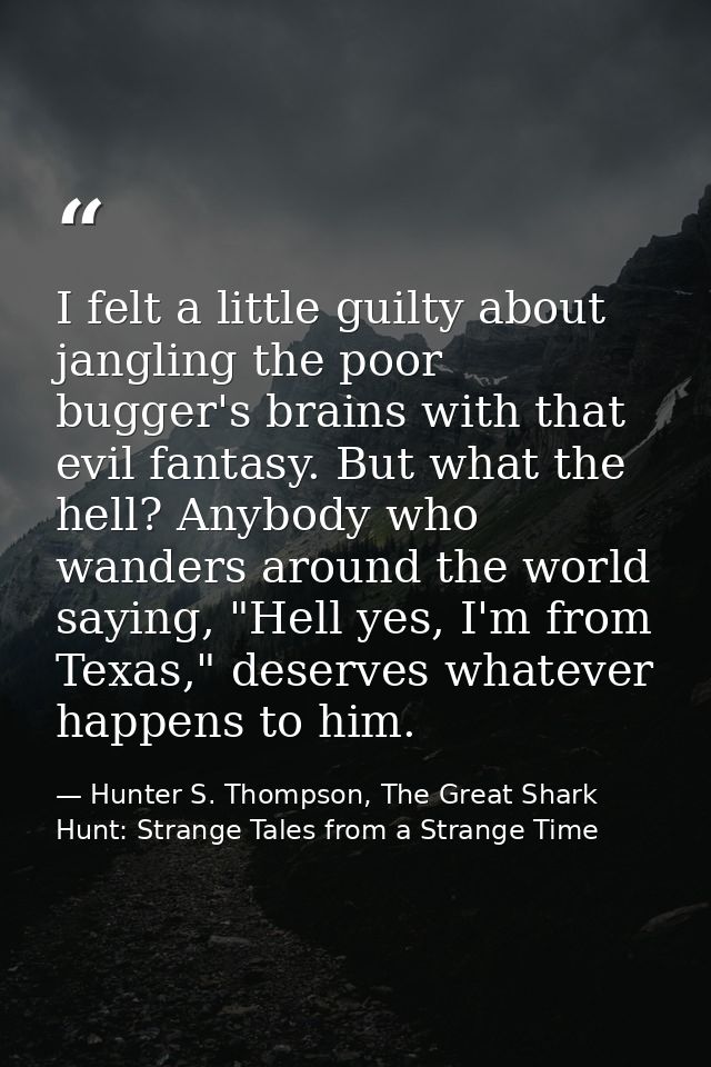 I felt a little guilty about jangling the poor bugger's brains with that evil fantasy. But what the hell? Anybody who wa — Hunter S. Thompson, The Great Shark Hunt: Strange Tales from a Strange Time