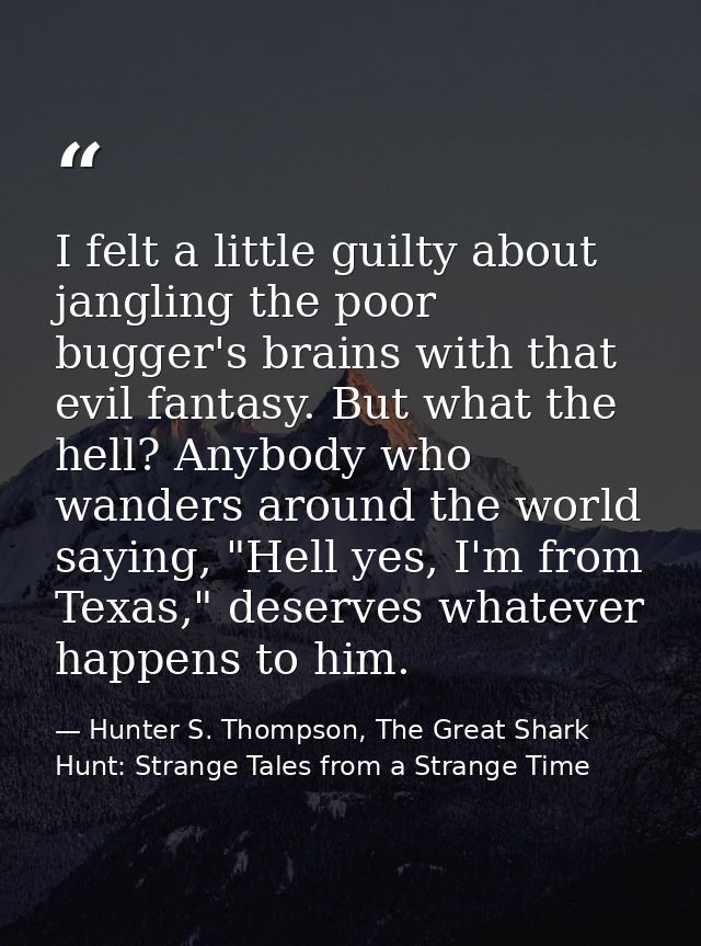 I felt a little guilty about jangling the poor bugger's brains with that evil fantasy. But what the hell? Anybody who wa — Hunter S. Thompson, The Great Shark Hunt: Strange Tales from a Strange Time