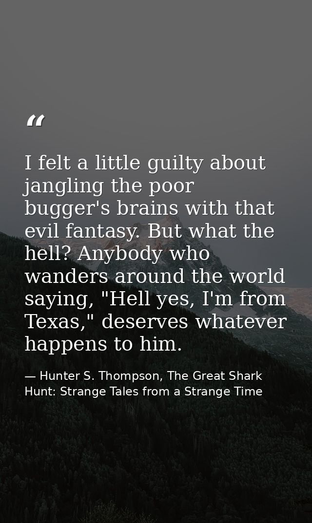 I felt a little guilty about jangling the poor bugger's brains with that evil fantasy. But what the hell? Anybody who wa — Hunter S. Thompson, The Great Shark Hunt: Strange Tales from a Strange Time