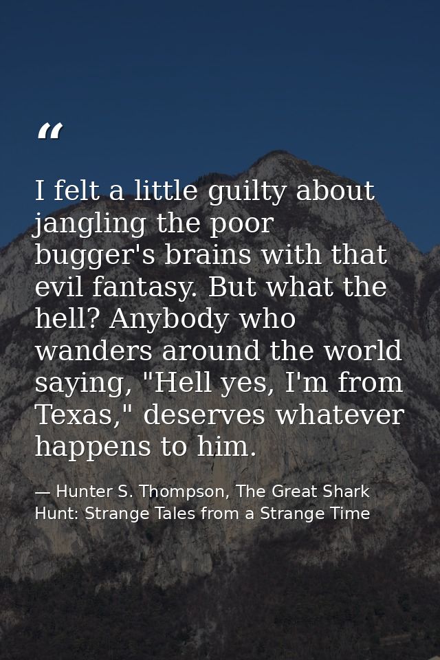 I felt a little guilty about jangling the poor bugger's brains with that evil fantasy. But what the hell? Anybody who wa — Hunter S. Thompson, The Great Shark Hunt: Strange Tales from a Strange Time