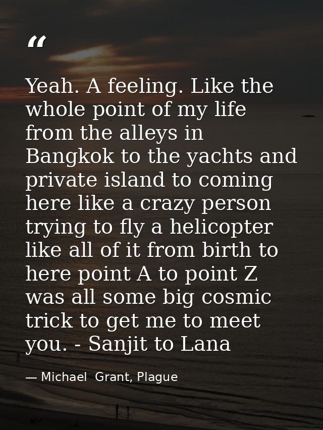 Yeah. A feeling. Like the whole point of my life from the alleys in Bangkok to the yachts and private island to coming h — Michael  Grant, Plague