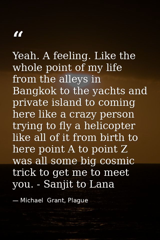 Yeah. A feeling. Like the whole point of my life from the alleys in Bangkok to the yachts and private island to coming h — Michael  Grant, Plague