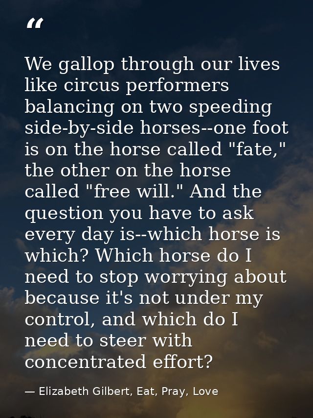 We gallop through our lives like circus performers balancing on two speeding side-by-side horses--one foot is on the hor — Elizabeth Gilbert, Eat, Pray, Love