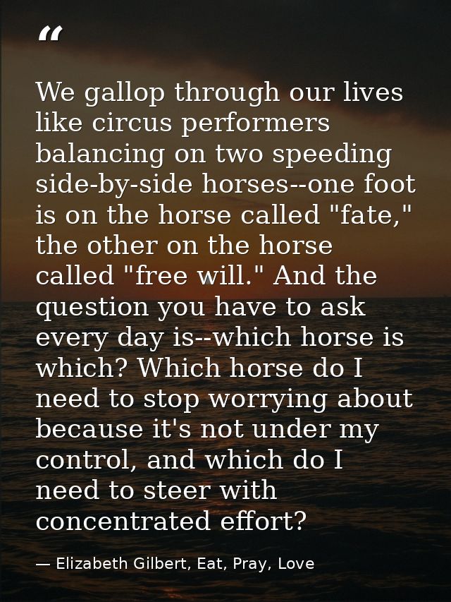 We gallop through our lives like circus performers balancing on two speeding side-by-side horses--one foot is on the hor — Elizabeth Gilbert, Eat, Pray, Love