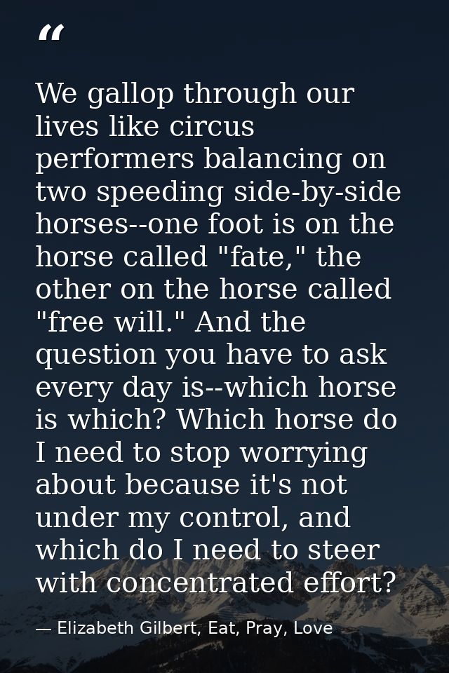 We gallop through our lives like circus performers balancing on two speeding side-by-side horses--one foot is on the hor — Elizabeth Gilbert, Eat, Pray, Love