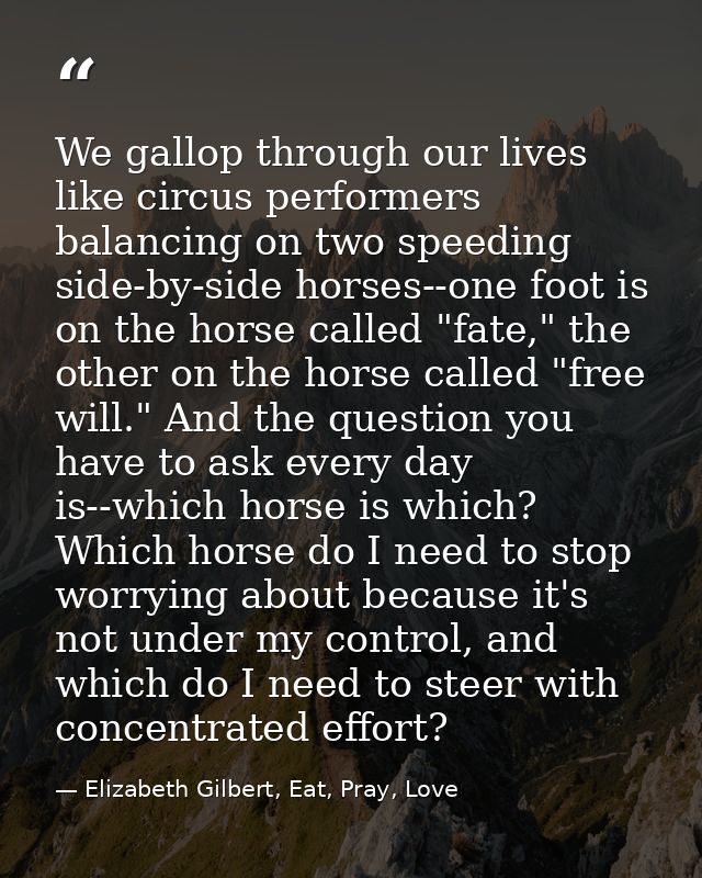 We gallop through our lives like circus performers balancing on two speeding side-by-side horses--one foot is on the hor — Elizabeth Gilbert, Eat, Pray, Love