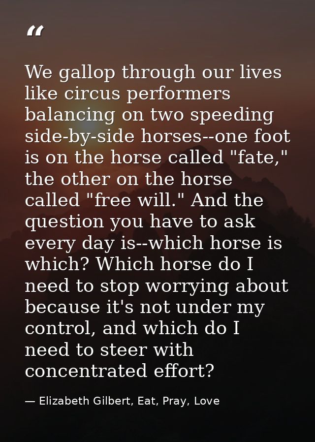 We gallop through our lives like circus performers balancing on two speeding side-by-side horses--one foot is on the hor — Elizabeth Gilbert, Eat, Pray, Love