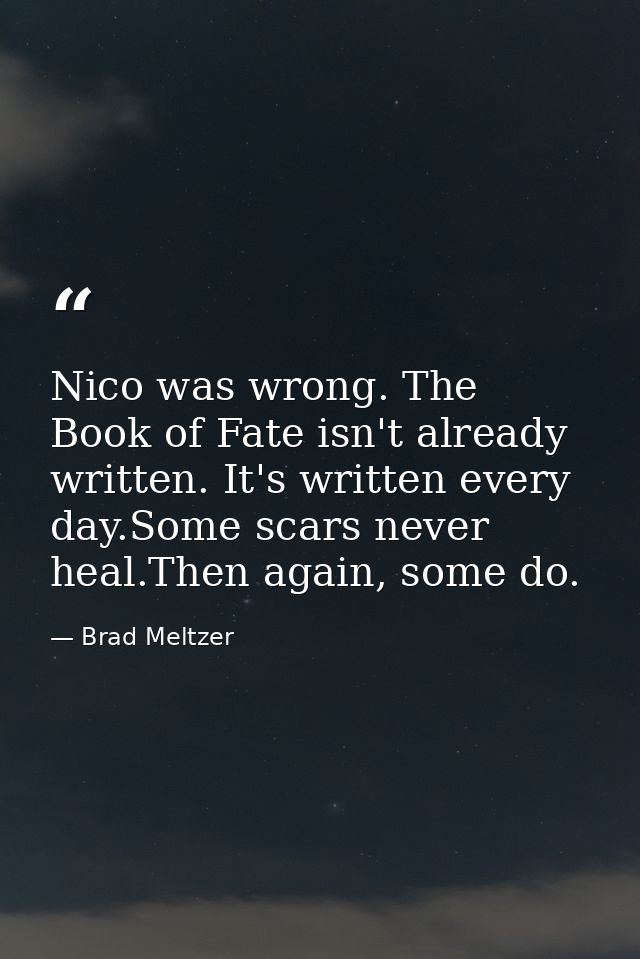 Nico was wrong. The Book of Fate isn't already written. It's written every day.Some scars never heal.Then again, some do — Brad Meltzer