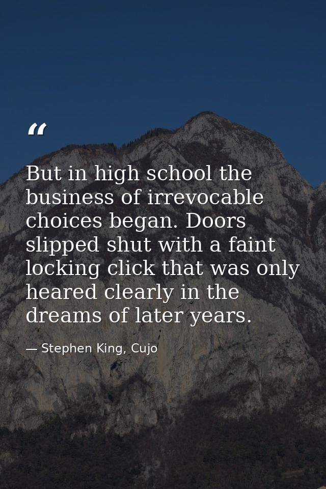 But in high school the business of irrevocable choices began. Doors slipped shut with a faint locking click that was onl — Stephen King, Cujo