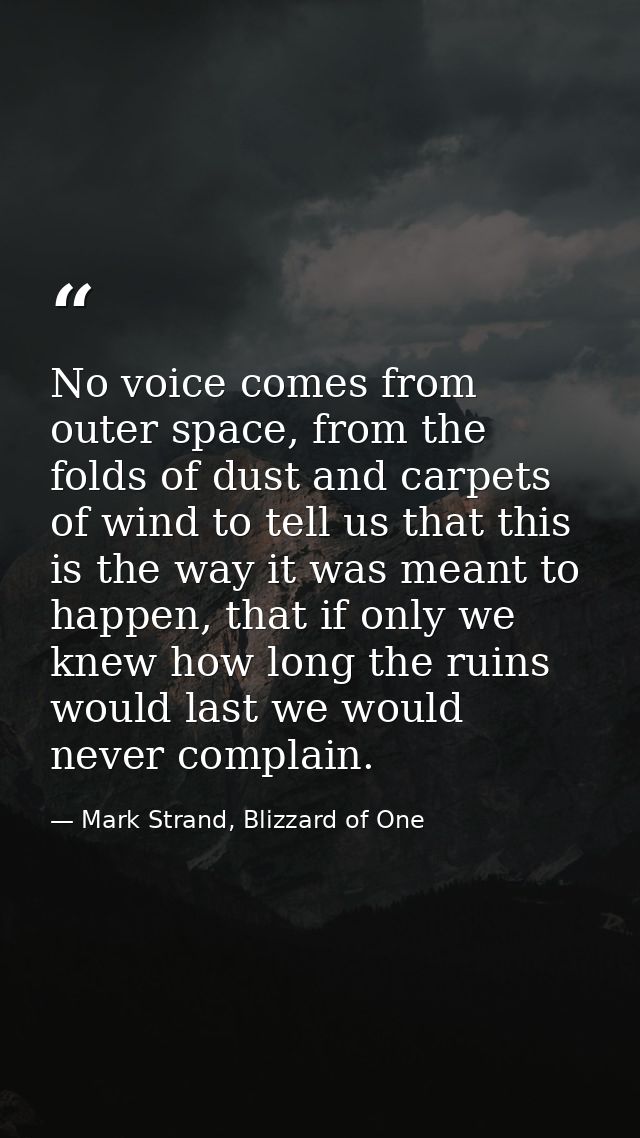 No voice comes from outer space, from the folds of dust and carpets of wind to tell us that this is the way it was meant — Mark Strand, Blizzard of One